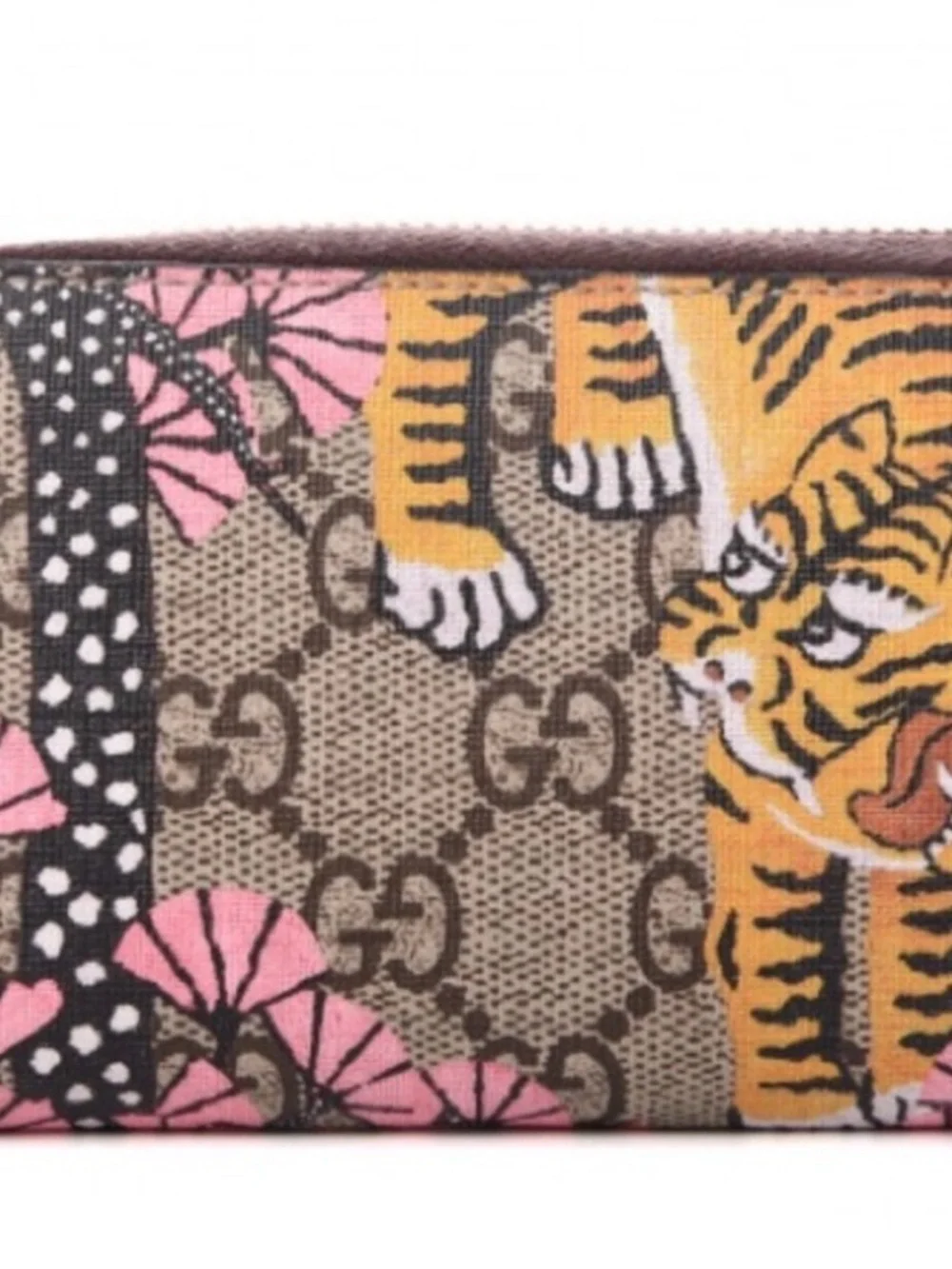 Gucci Brown GG Supreme Canvas Zip Wallet with Yellow Tiger & Pink Floral